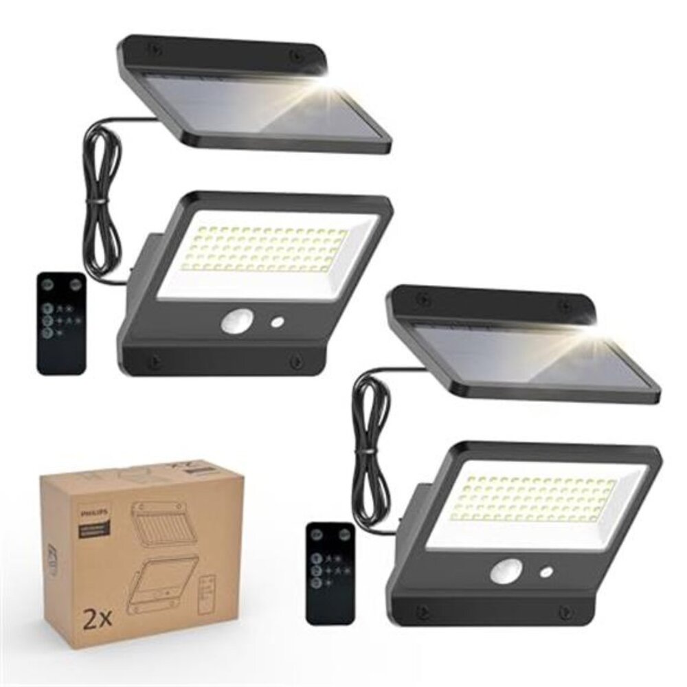Solar security light outdoor motion sensor flood light waterproof remote 2-pack